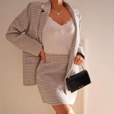 Lolipomme 2022 Stylish Chic Houndstooth Gray Plaid Oversize Suit Women Double Breasted Pockets Long Texture Blazers With Buttons