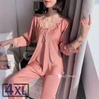 3XL 4XL Satin Pajamas for Spring Long-sleeved Sleepwear for Women Korean y Lace Loose oversized Home Clothes Summer Suit