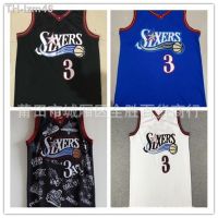 76ers 3 Iverson เสื้อเจอร์ซีย์ ครบรอบ 10 ปี เครื่องแบบบาสเก็ตบอลย้อนยุคสีดำและสีขาว