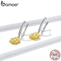 bamoer Silver Sunflower Ear buckles 925 Real silver Gold Color CZ Earrings for Women Wedding Party Jewelry BSE469