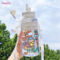 600ml-2L Girls White Bottle with Strap and Straw Cute Cartoon Stickers Drinking Bottles Large Capacity Water Bottles