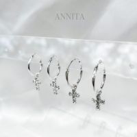 annita.silver - hoop cross crystal earrings// ต่างหูไม้กางเขนฝังพลอย ต่างหูห่วงเงินแท้ ต่างหูเงินแท้925 สินค้าพร้อมส่ง