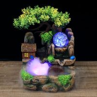 Feng Shui Water Fountain Indoor Waterfall Desktop Ornaments with Led Lights Resin Rockery Flowing Water Office Home Decor Gifts