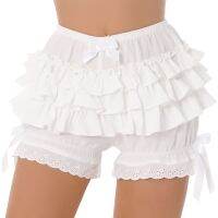 ผู้หญิง Lace Trim Layered Ruffle Bloomers กางเกงขาสั้น Lolita สไตล์กลางเอว Bow Knot Decor Frilly กางเกงสีทึบลายสก๊อตกางเกงขาสั้น-กางเกงขาสั้น-