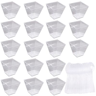 Pack of 50 Dessert Cups with Spoons, 60Ml Dessert Bowls Set, DIY Plastic Dessert Cups, Reusable Trapezoid Cups Set