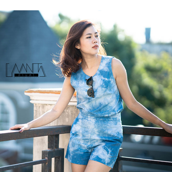 laanta-เซ็ตเสื้อเบลเซอร์แขนกุด-กางเกง-ขายแยกชิ้น-มัดย้อมคราม-indigo-tie-dye