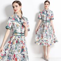 Women New Dress Real Shot  Flower Print  Midi Dress Short Sleeve A- Line DRESS