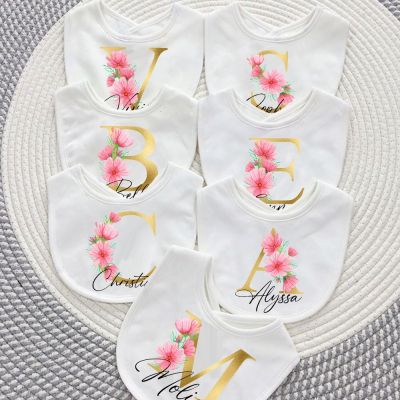 Personalised Initial with Name Baby Bibs Custom Girls Cotton Bib Newborn Saliva Towel Flower Print Bib Baptism Baby Shower Gifts