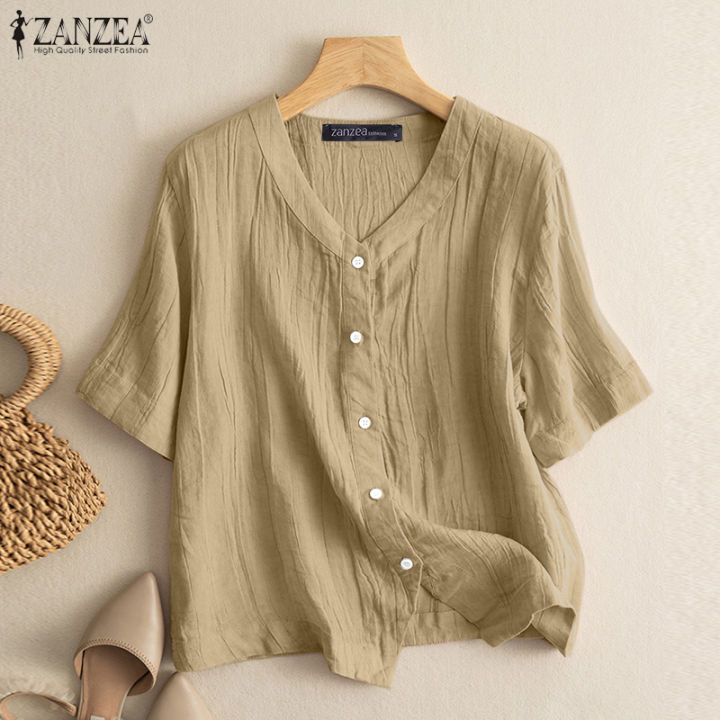 สินค้ามาใหม่-จัดส่งฟรี-fancystyle-zanzea-เสื้อยืดเสื้อจับจีบคอวีหลวมสำหรับผู้หญิงกระดุมวินเทจเสื้อเบล้าส์แบบลำลองเรียบ-2