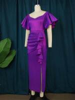 Ontinva สีม่วง bodycon ชุด PLUS ขนาดสั้น ruffles แขนสูงเอวจีบเซ็กซี่ Slit MIDI ค็อกเทลปาร์ตี้ gowns 4XL