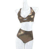 Hope&amp;Win Sexy Women Pole Dance Clothing Racer Back Crop Top Match Hot Shorts Shiny Metallic Bronze Clubwear