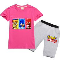 Sonic The Hedgehog เสื้อยืดสั้นกางเกงชุดสำหรับสาวเด็กแขนสั้น Casual การ์ตูนแฟชั่นผ้าฝ้าย TShirt พิมพ์กางเกงขาสั้นน่ารัก RT1624A