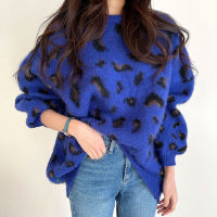 ONALIPPA Leopard Print Sweater Female Korean Chic Retro Lazy Style Round Neck Loose Mohair Skin-Friendly Long-Sleeved Pullover