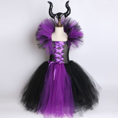 Maleficent Evil Queen Girls Tutu Dresses With Horns Halloween Party Cosplay Witch Costum Tutu Dress For Baby Girl