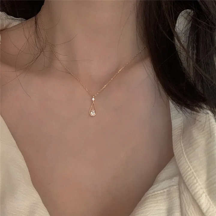 fashion-necklace-simple-clavicle-chain-necklace-french-vintage-necklace-water-drop-necklace-shining-zircon-pendant-necklace