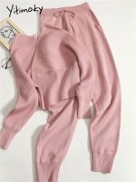 【DT】hot！ Yitimoky Knitting 2 Piece Sets Womens Outfits 2023 New V Neck Sleeve Up Length Pant