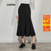 Lovito กระโปรงเดนิมลำลอง สีพื้นทรงแยก ซิปหน้า L45AD070(สีดำ)