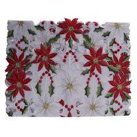 Christmas Embroidered Table Runner, Luxury Holly Poinsettia Table Runner for Christmas Decorations, 15 x 70 Inch