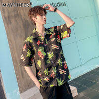 MAYCHEER  เสื้อเชิ้ตลำลองสำหรับผู้ชายริมทะเลรีสอร์ทแขนสั้นของผู้ชายแขนสั้นพิมพ์ลายพรีเมี่ยม