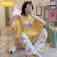 Wintin Pajamas Womens Summer Short Sleeve Thin Cartoon Sweet Cute Casual Trousers Cartoon Home Wear Spring Autumn Set