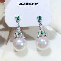 YINGRUIARNO Natural Pearl Earrings Green Zircon Shining Natural Freshwater Pearl Earrings