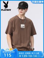 Playboy เสื้อยืดแขนสั้นสำหรับผู้ชายแบบบางสำหรับฤดูร้อนผ้าคอตตอนพิมพ์เสื้อยืดลำลองคอกลมสไตล์อเมริกันบล็อกบัสเตอร์