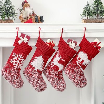 Red Snowfalke Print Knitting Christmas Stocking Decoration Xmas Tree Fireplace Pendant Fluff Gift Bag Cute Santa Christmas Socks