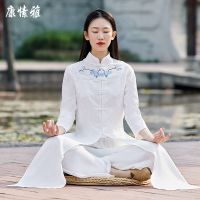 Embroidery Women Martial Arts Meditation Tai Chi Uniforms Cotton Linen Chinese Traditional Shirt+Pant Kungfu Yoga Casual Set