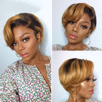 Short Pixie Cut Wig Cheap Human Hair Wigs Straight Bob Wigs With Bangs Full Machine Human Hair Wig for Black Women Black &amp; Ombre