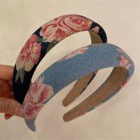 Bando cetak bunga Camellia Vintage untuk wanita Headpiece pesta Cuci wajah belanja klasik kain Denim spons kepala Hoop