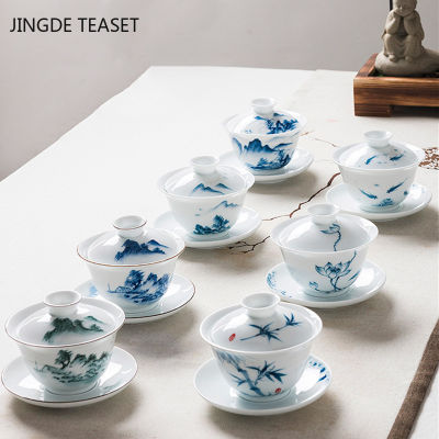 จีนเซรามิค Gaiwan มือวาดถ้วยชา Tureen Handmade Porcelain Teaware อุปกรณ์เสริม Drinkware ส่วนบุคคลถ้วยเดียว