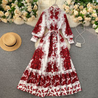 Women European Chic Vintage Dress Autumn Contrast Color Floral Printed Puff Sleeve Stand Collar Split Long Dress