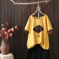 【มีไซส์ใหญ่】Plus Size XL-4XL Womens Round Neck Summer Shirts Oversized Full Cotton Vintage Female Tops