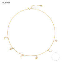 ANDYWEN 925 Sterling Silver Gold Star Moon Charm Pendant Choker Necklace Chains Women Luxury Crystal Fashion Fine Jewelry