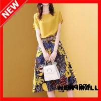 NEW MALL Suit 2022 Western-Style Round Neck Fashion Short-Sleeved T-Shirt Floral Skirt Suit Skirt Temperament Two-Piece Suit