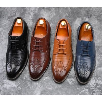 2023 New Men Oxford Genuine Leather Dress Shoes Brogue Lace Up Flats Male Casual Shoes Black Brown Size 38-48