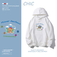 CHIC เสื้อฮู้ดแขนยาวพิมพ์ลายหมีบางลายดอกไม้ สไตล์สบาย ๆ T0419