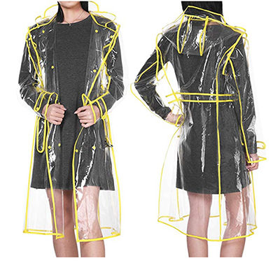 YUDING Waterproof Transparent Plastic Clear Long Ladies Raincoats Women Men Fashion Rain Coat Jackets Hooded with Belt