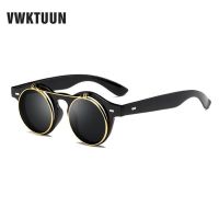 Vwktuun Steampunk Kaca Mata Pria Wanita Retro Kacamata Bulat Poin Flip Up Kacamata Jahitan Punk Vintage Klip Pada Oculos De Sol