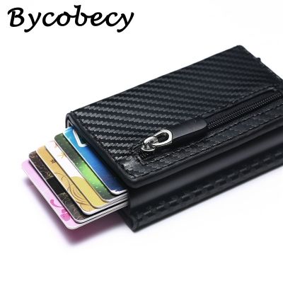 （Layor wallet）  Bycobecy RFID คาร์บอนไฟเบอร์กระเป๋าสตางค์ผู้ถือบัตรสมาร์ทวินเทจหนัง PU กระเป๋าเหรียญปิดแม่เหล็กมินิกระเป๋าสตางค์ผู้ชาย Carteira