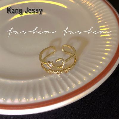 Kang Jessy ins แหวนวงแหวนรูปดาวและดวงจันทร์ประดับเพชรสุดอินเทรนด์แหวนนิ้วชี้ออกแบบเฉพาะกลุ่มที่นิยมในโลกออนไลน์มีสไตล์มีเอกลักษณ์เฉพาะตัวแหวนเปิดอารมณ์แฟชั่น