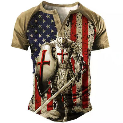Fashion Knights Templar 3D Print Men T-Shirt Summer V-Neck Button Short Sleeve Oversized T Shirt Pattern Stitching Male T-shirt