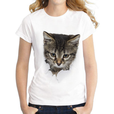 เสื้อยืดลายฤดูร้อนแขนสั้นเสื้อยืดลำลองแมว3D แฟชั่นสำหรับผู้หญิง