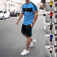 （Ready Stock）? European And American New Sports Short-Sleeved Casual Suit Running Stitching Fitness T-Shirt Side Stripe Shorts Suit YY