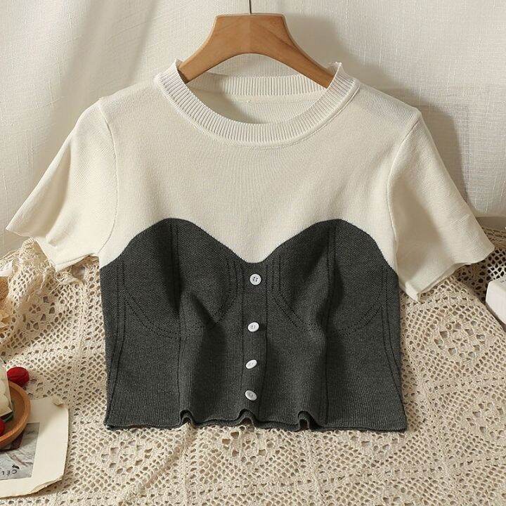 เสื้อยืดแขนสั้น-คอกลม-ผ้าถัก-แฟชั่นฤดูร้อน-สําหรับผู้หญิง-v728