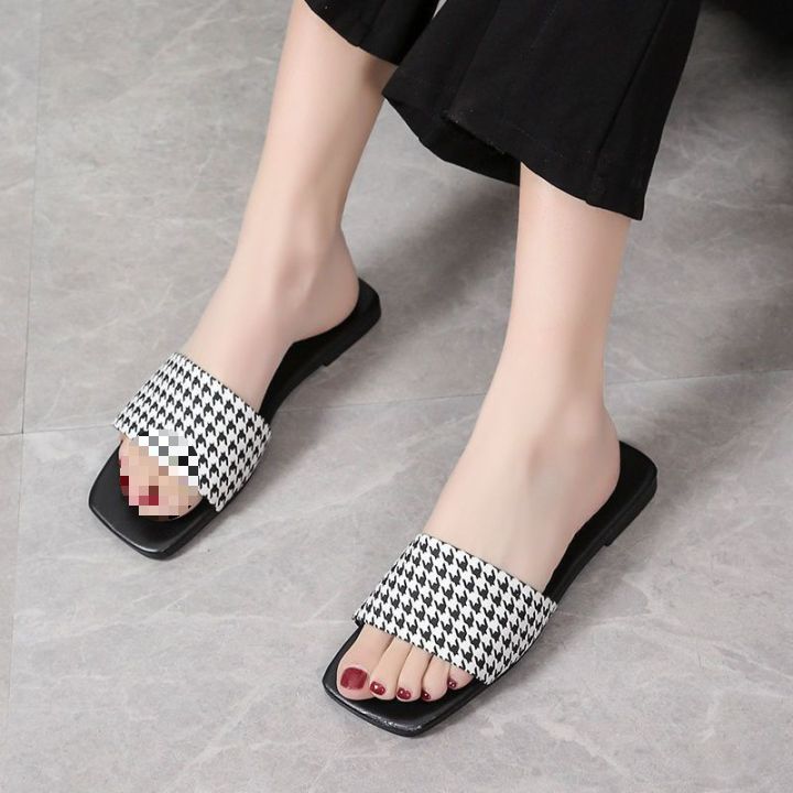 เสือดาวพิมพ์รองเท้าแตะแบนส้นต่ำผู้หญิงเกาหลีฤดูร้อนหนึ่งร้อยแฟชั่นกลางแจ้งสวมรองเท้าแตะกันลื่น-o4nn