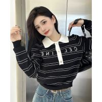 QLFG C- ELINE 23 Fall/Winter New College style polo collar letter Embroidered striped pullover sweater for women fashion college style for women