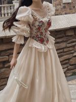 【HOT】♦☊ Print Floral 2022 O-neck Evening Female Puff Sleeve Korea