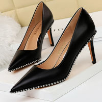 New Designer Shoes Women Pumps Metal Beads Kitten Heels Pu Leather Shoes High Heels Stiletto Heels 8 Cm 10.5 Cm y Party Shoes