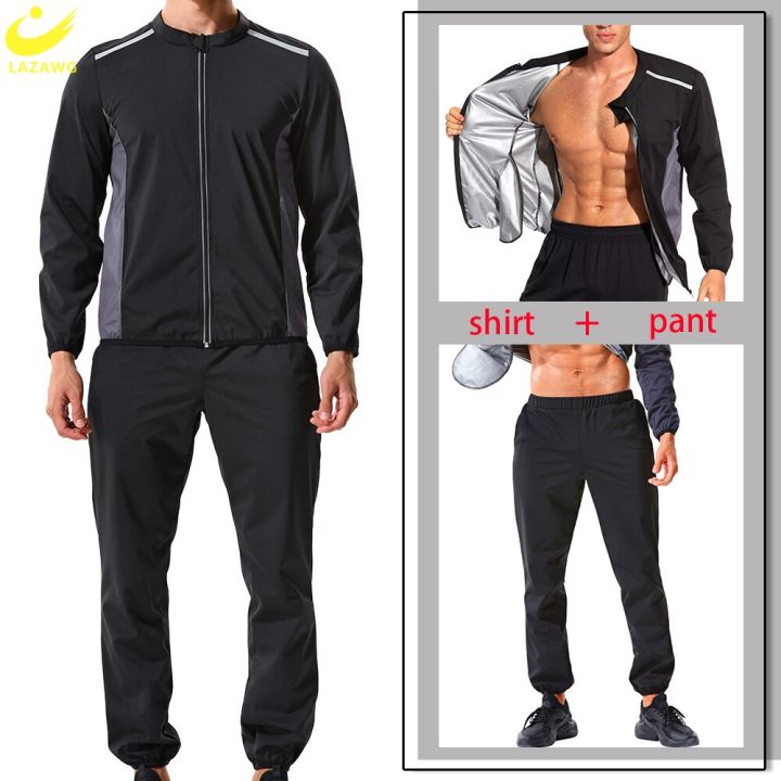 LAZAWG Men Sauna Suit Sweat Set Weight Loss Jacket Pants Slimming Leggings  Top Zipper Thermal Workout Fitness Sport Fat Burner